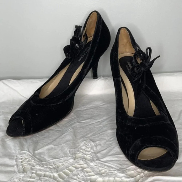 LINDSAY PERRY Velvet Leather Peep Toe Pumps Black Tied Side Size 40 - Picture 2 of 9